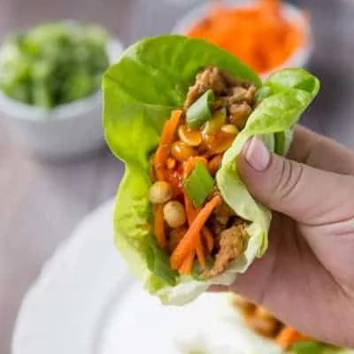 Asian-inspired turkey lettuce wraps served with fresh vegetables and sauce