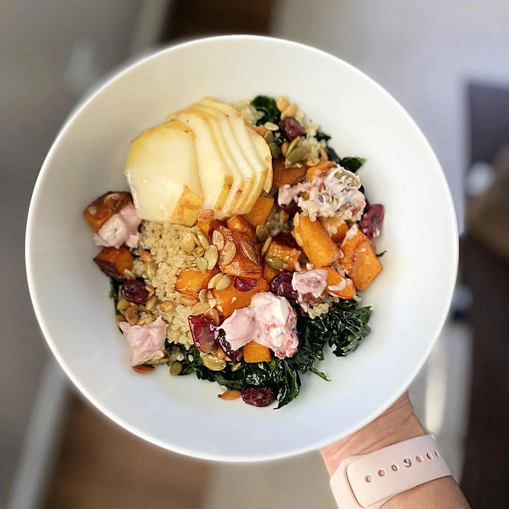 Autumn Kale Quinoa Salad with seasonal vegetables and dressing