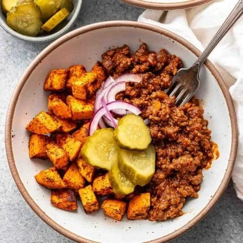 Delicious Beefy Sloppy-Style Bowl topped with fresh ingredients.