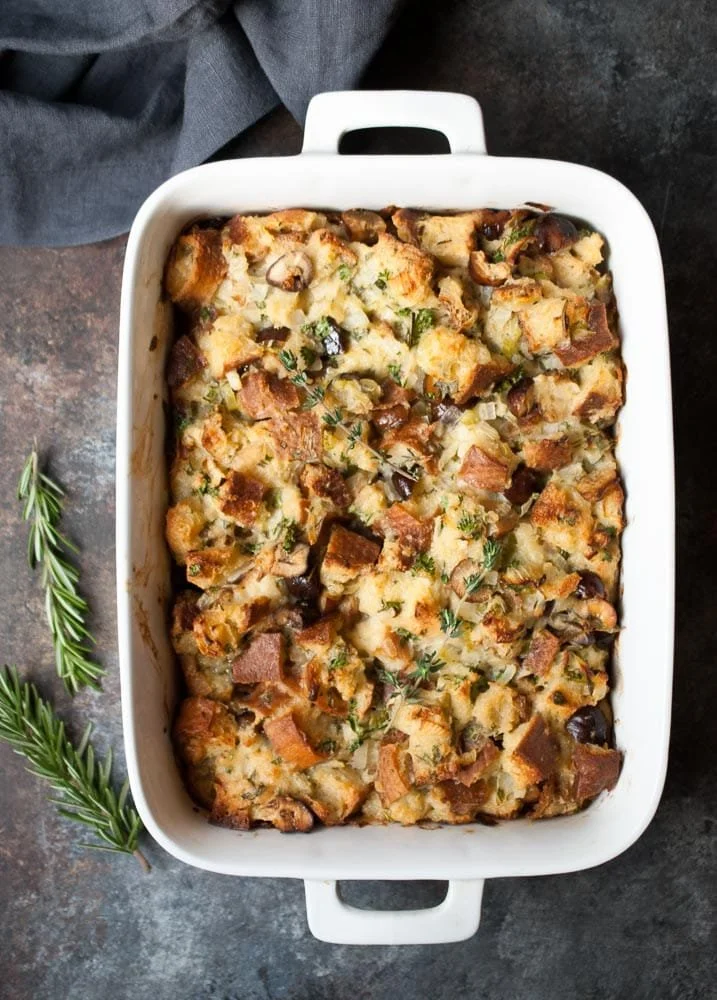 Cozy chestnut and herb stuffing served in a rustic bowl.