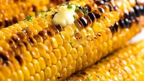 Grilled corn on the cob with charred kernels and seasonings