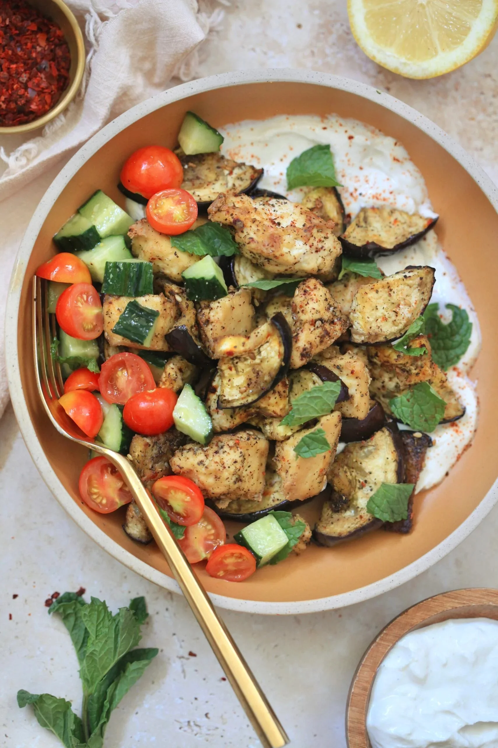 Mediterranean Tofu Eggplant with Tahini Yogurt