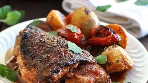 One-Pan Spanish Chicken with Chorizo served on a plate