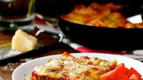 A delicious One Pot Lasagna served in a skillet, perfect for quick meals.