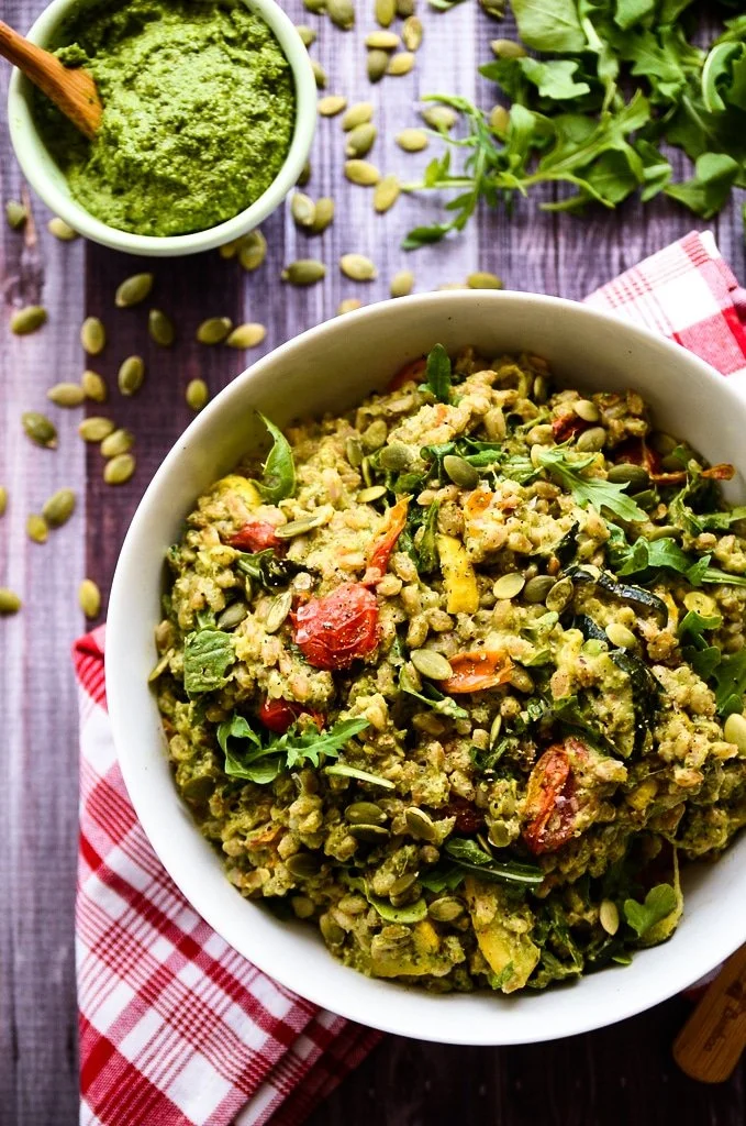 Pesto Farro Salad with Roasted Vegetables