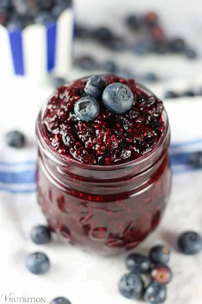 Homemade simple blueberry chia jam in a jar